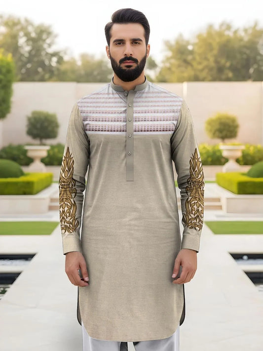 Men's Off White Embroidered Cotton Suit for Eid Party Wedding Summer Wear