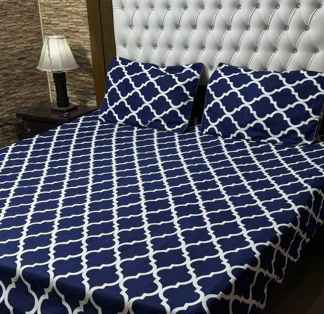 Blue Printed Crystal Cotton Double Bedsheet Set of 3