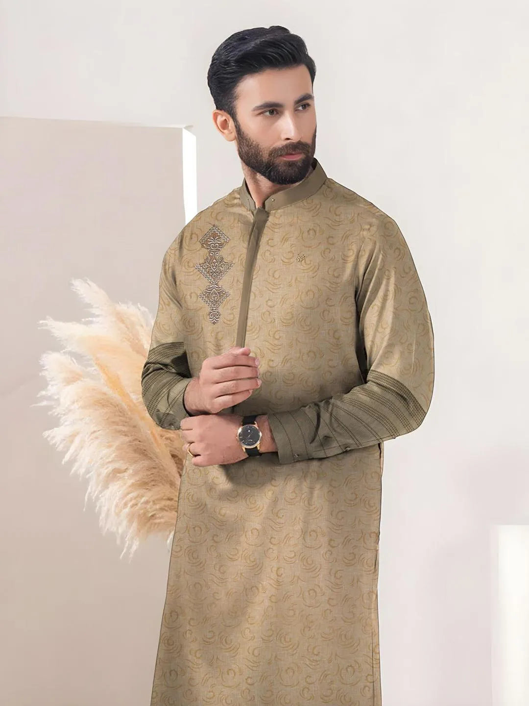 Men's Embroidered Cotton Suit Green Summer Eid Party Wear