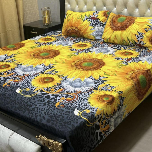 Double Bed Sheet Set Grey Sunflower Print 3 Pcs Crystal Cotton