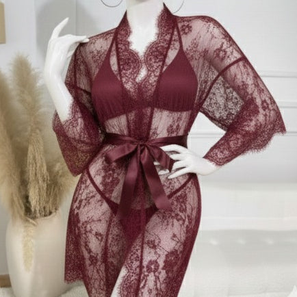 3 Piece Net Gown Set with Bra & Panty | Soft Lace Robe Lingerie | Free Size (fit upto 38 chest) (H)