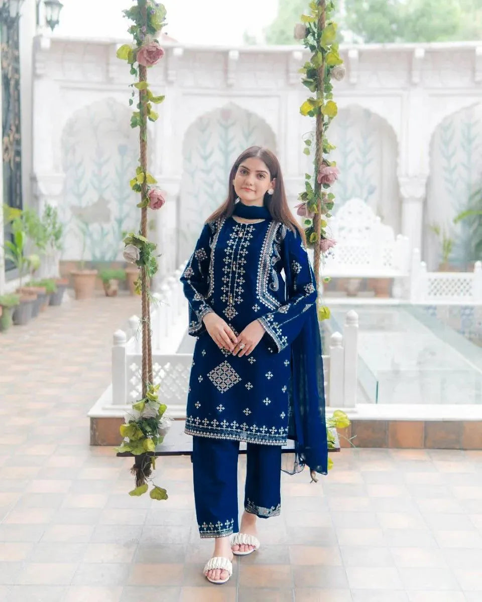 Blue Sequins Embroidered Women's Cotton Suit 3Pcs with Chiffon Dupatta