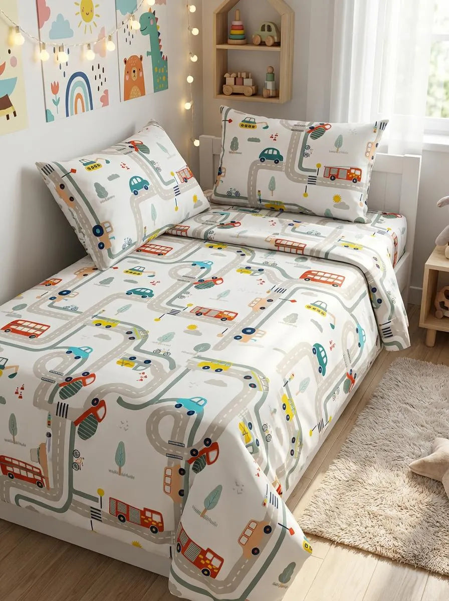 Cotton Printed Single Bedsheet Set Off White with Car Road Pattern