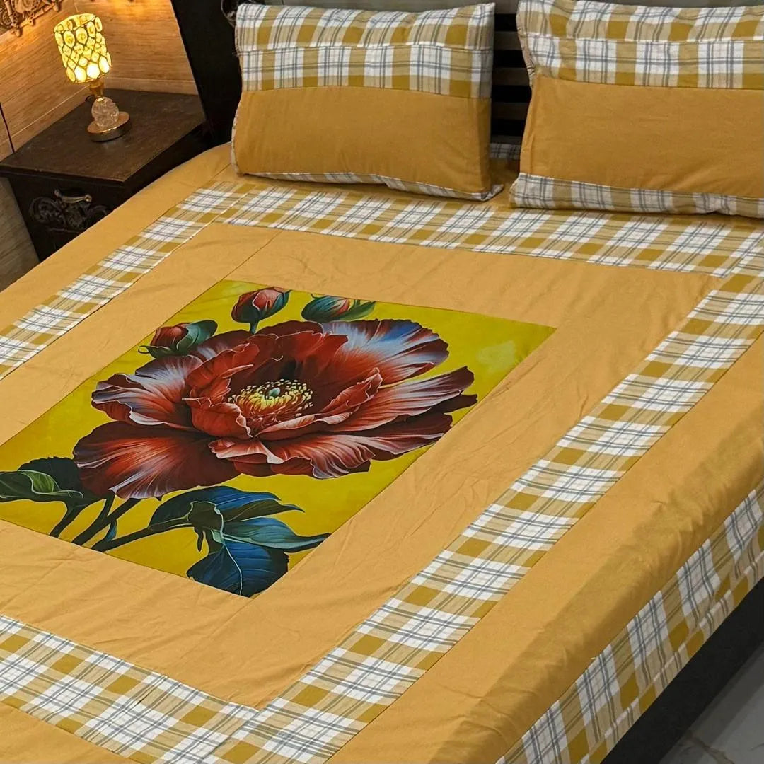 Vibrant 3 Pcs Cotton Sotton Digital Gold Panel Patchwork Double Bedsheet