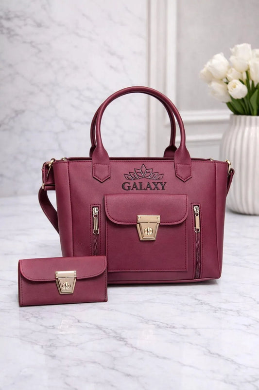 Maroon Leather Girl's Hand Bag Set 2 Pcs Top Handle