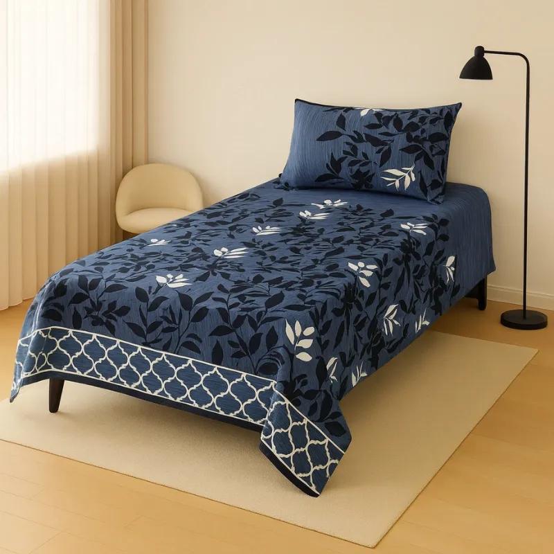Blue Printed Crystal Cotton Single Bedsheet with Pillow Cover