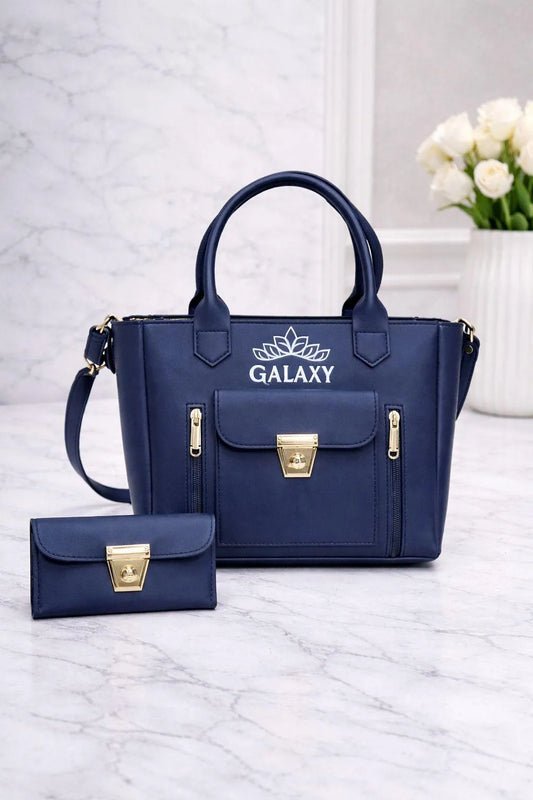 Blue Leather Girl's Hand Bag Set 2 Pcs Top Handle