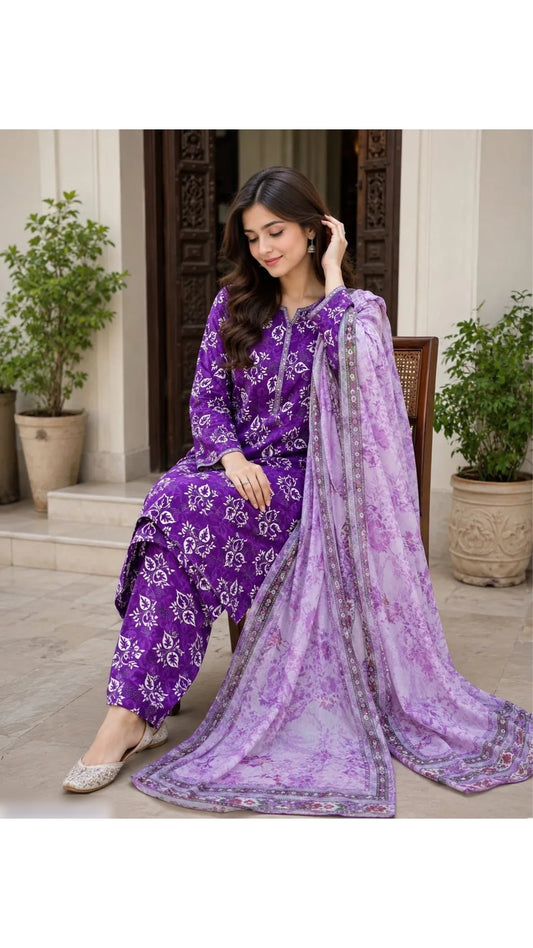 Purple Digital Print Lawn 3Pcs Set