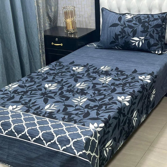 Blue Printed Crystal Cotton Single Bedsheet with Pillow Cover