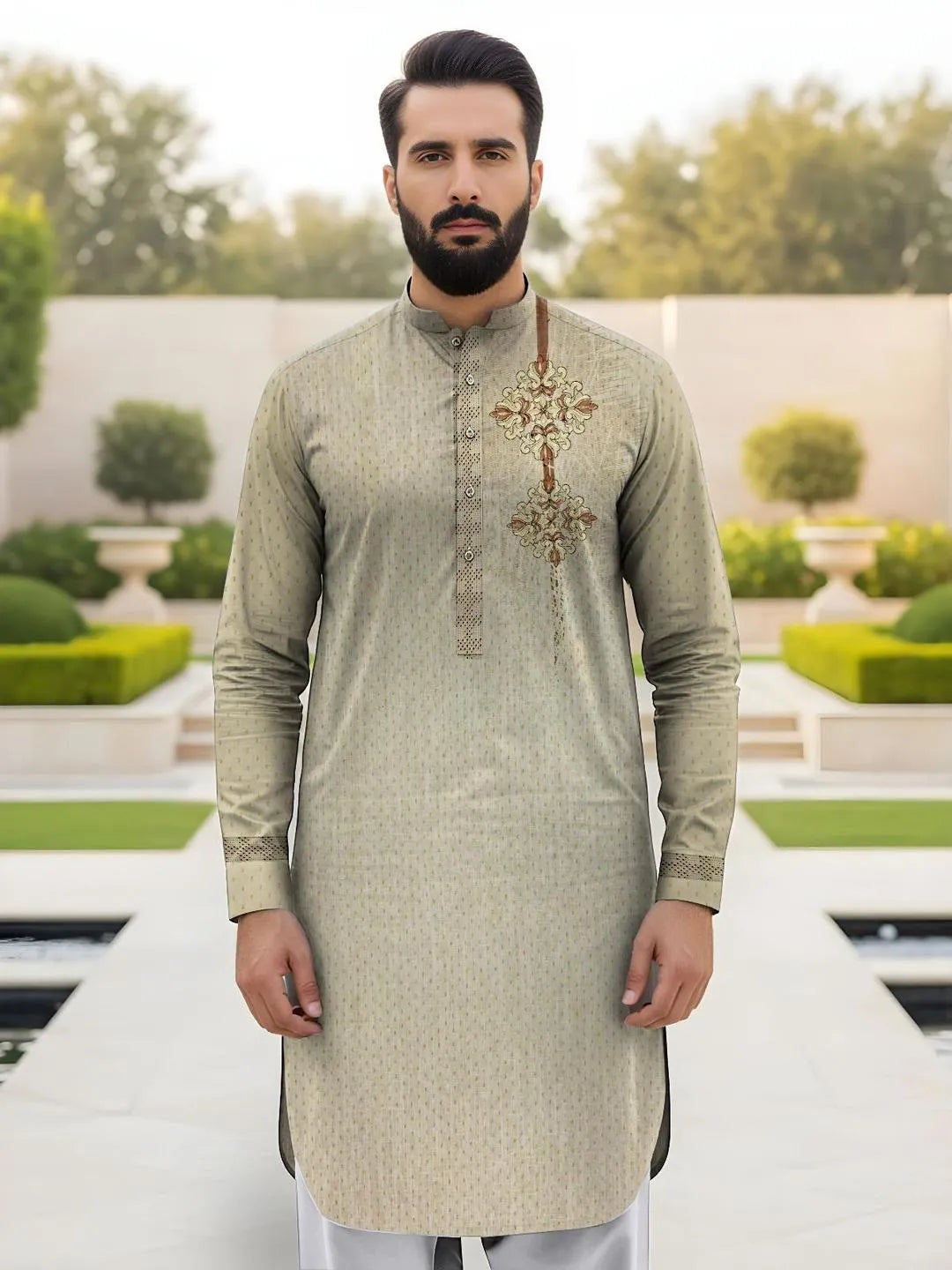 Men's Off White Embroidered Cotton Suit Summer Eid Party Wear
