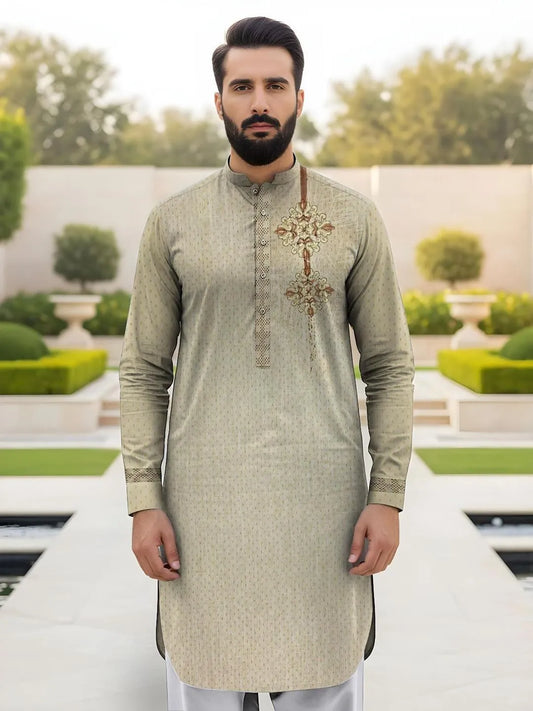 Men's Off White Embroidered Cotton Suit Summer Eid Party Wear