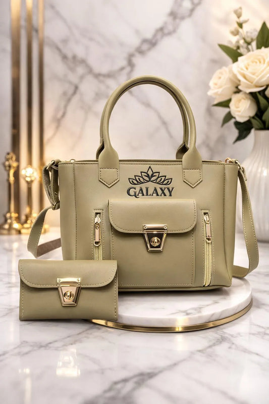 Beige Leather Hand Bag Set 2 Pcs Top Handle