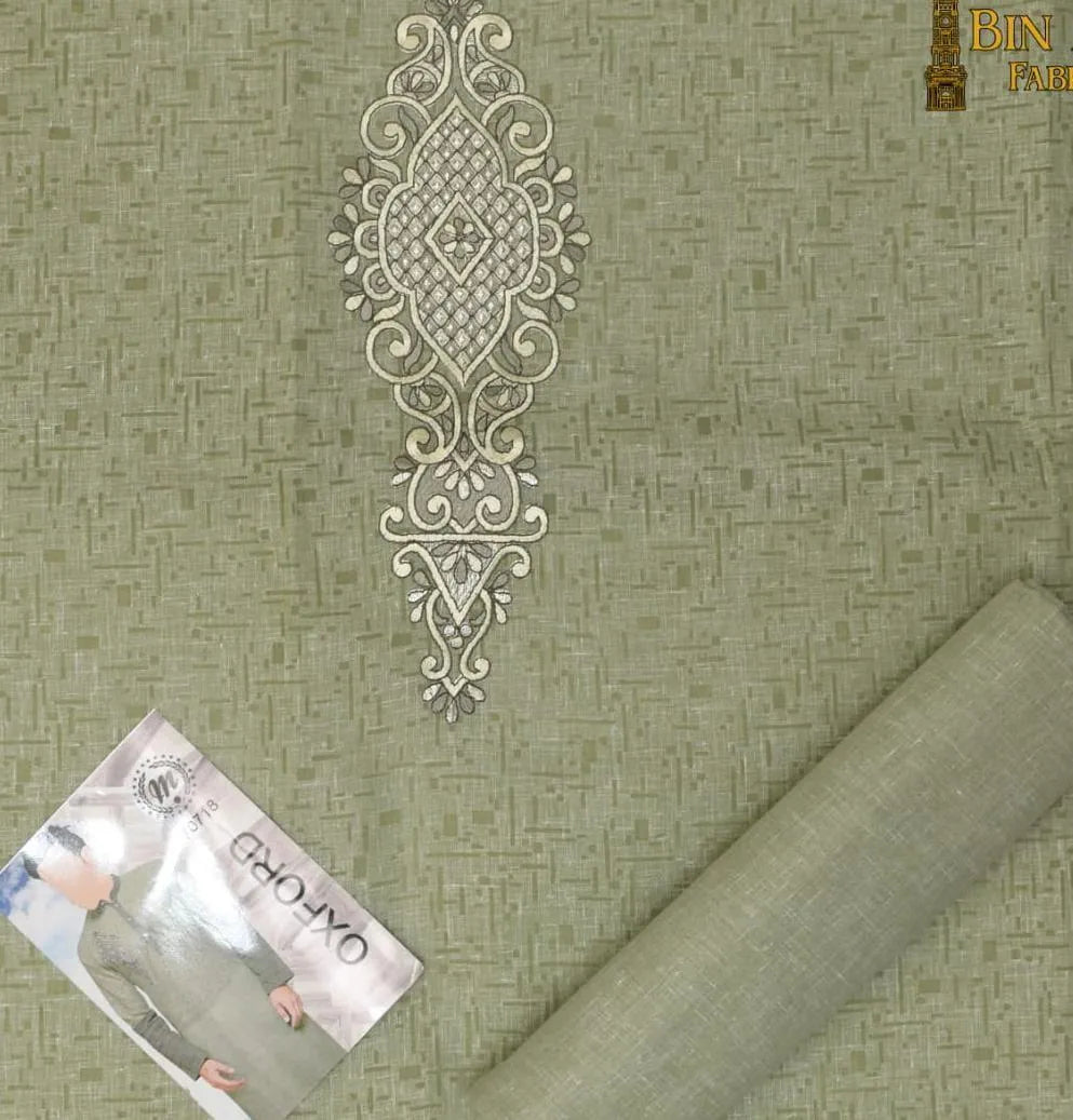 Men's Green Embroidered Cotton Suit for Eid Party Wedding Summer Wear