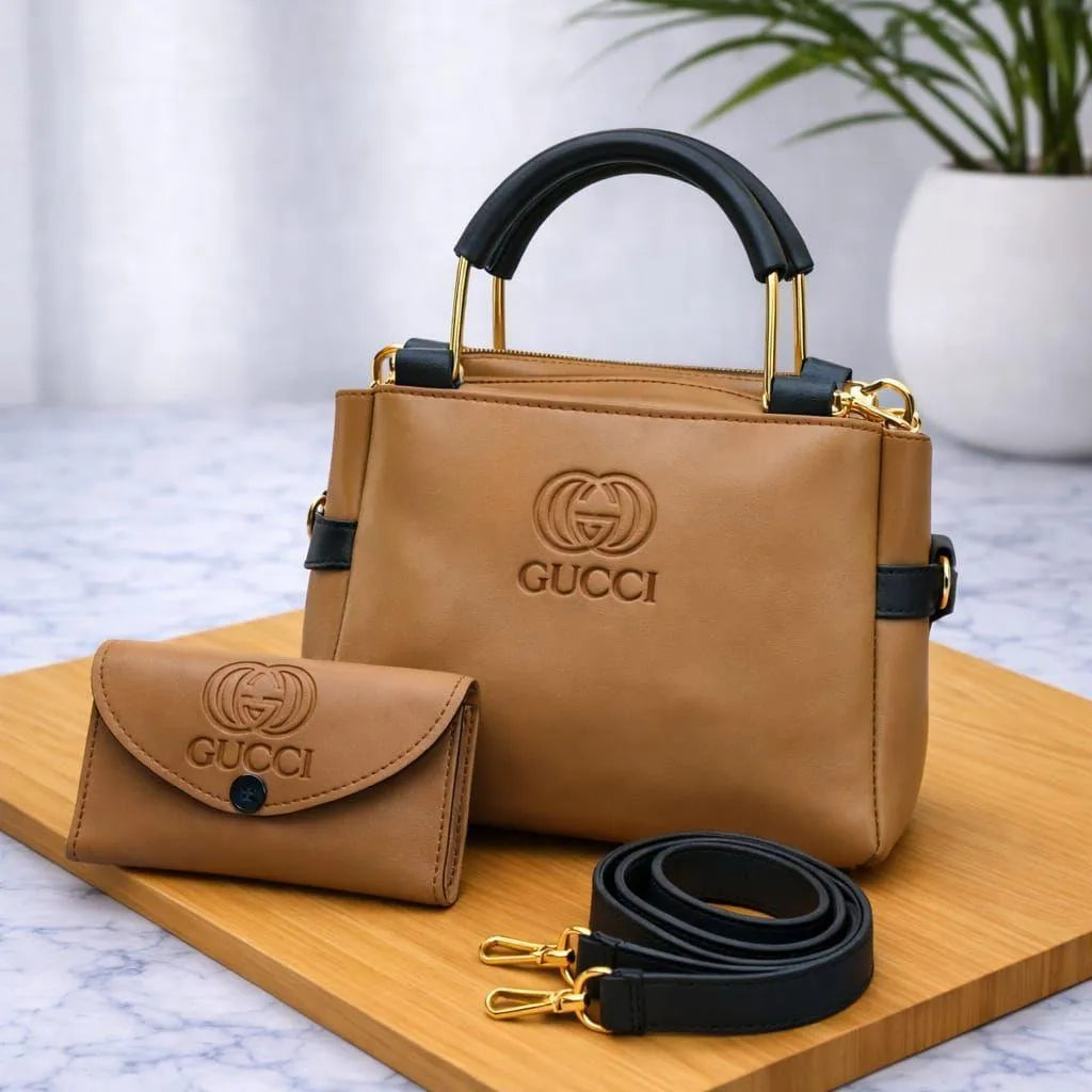 Girls Mustard Leather Hand Bag Set 2 Pcs Top Handle