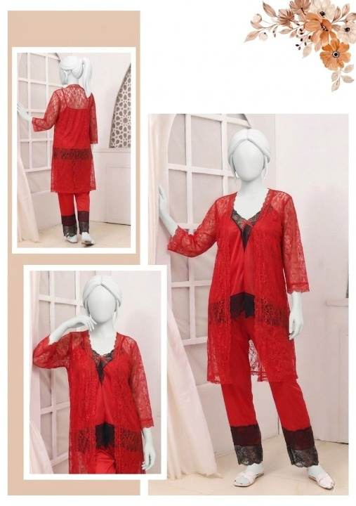 3 Pcs Premium Silk & Net Black Lace Women's Sleepwear Set Top Trouser & Gown (Size free)