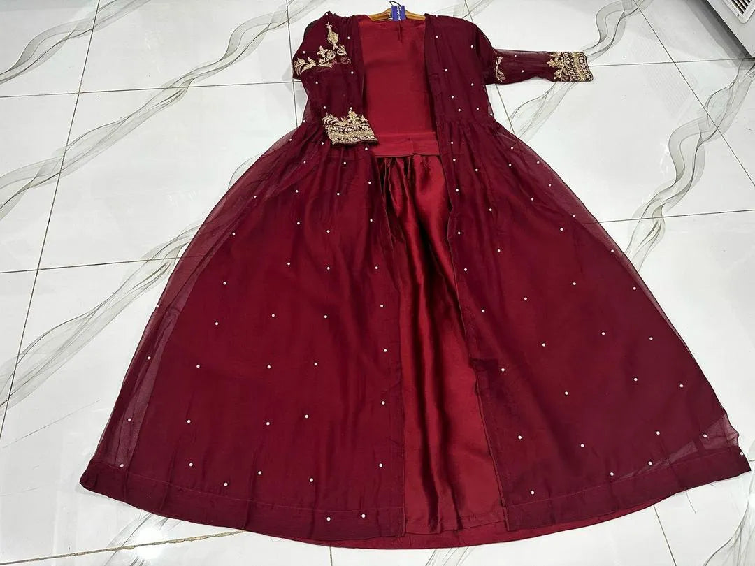 Maroon Shamoz Silk 3Pcs Gown Suit with Embroidery Belt