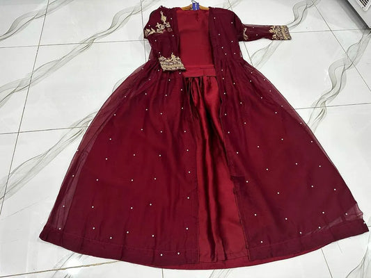 Maroon Shamoz Silk 3Pcs Gown Suit with Embroidery Belt
