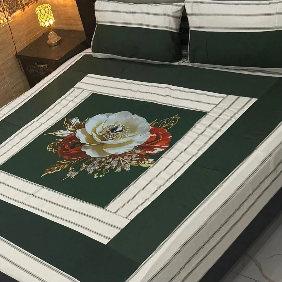Vibrant 3 Pcs Cotton Sotton Digital Gold Panel Patchwork Double Bedsheet