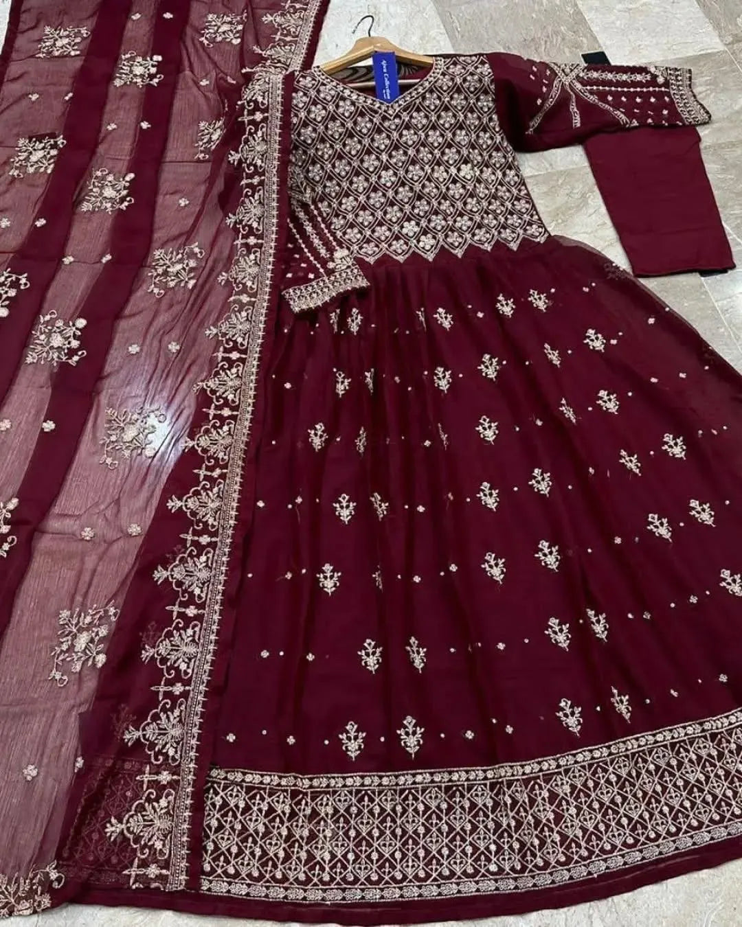 Maroon Chiffon 3Pcs Stitched Party Wear Frock Set