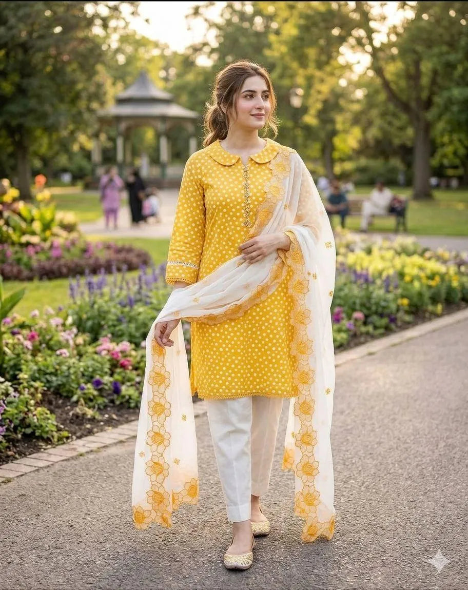 Yellow Printed Kurta Set with White Dupatta