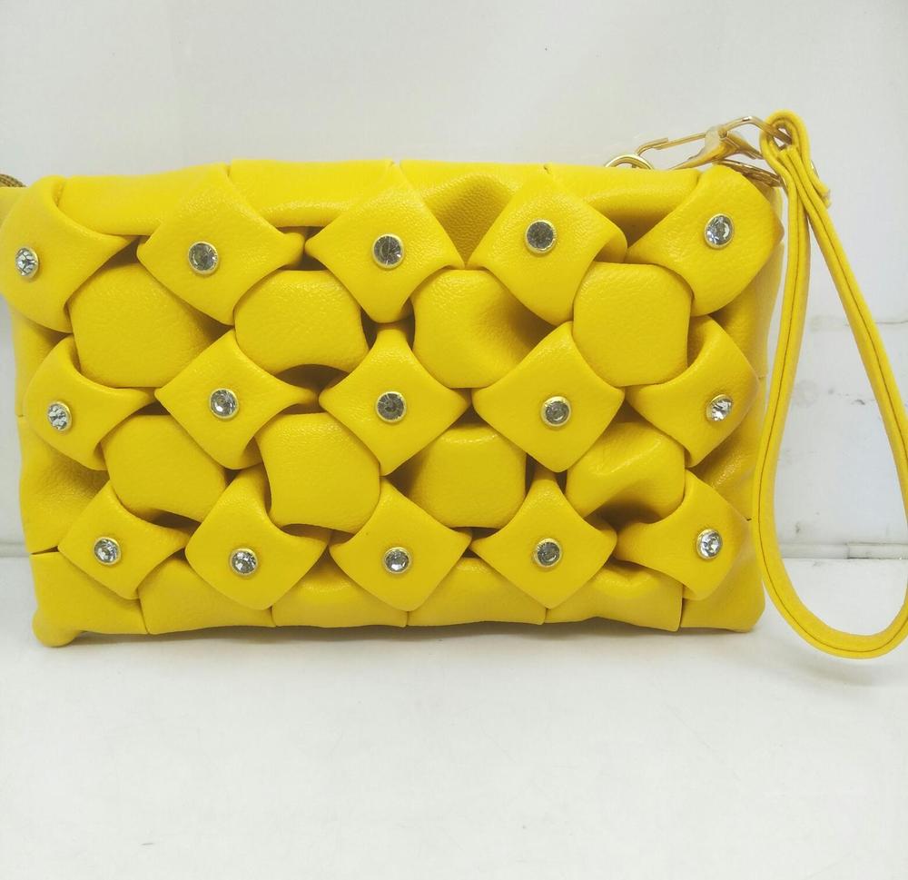 Yellow Women's Rexine Wristlet Purse with Rhinestones