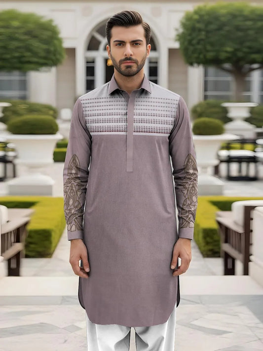 Men Cotton Embroidered Suit Purple Summer Eid Party Wear