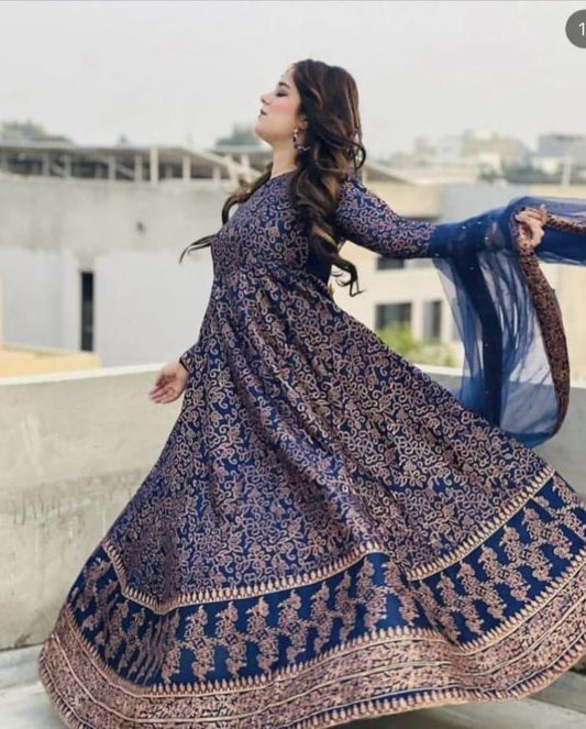 Women's Blue Katan Silk Steam Printed Anarkali Suit with Trouser & Dupatta Medium