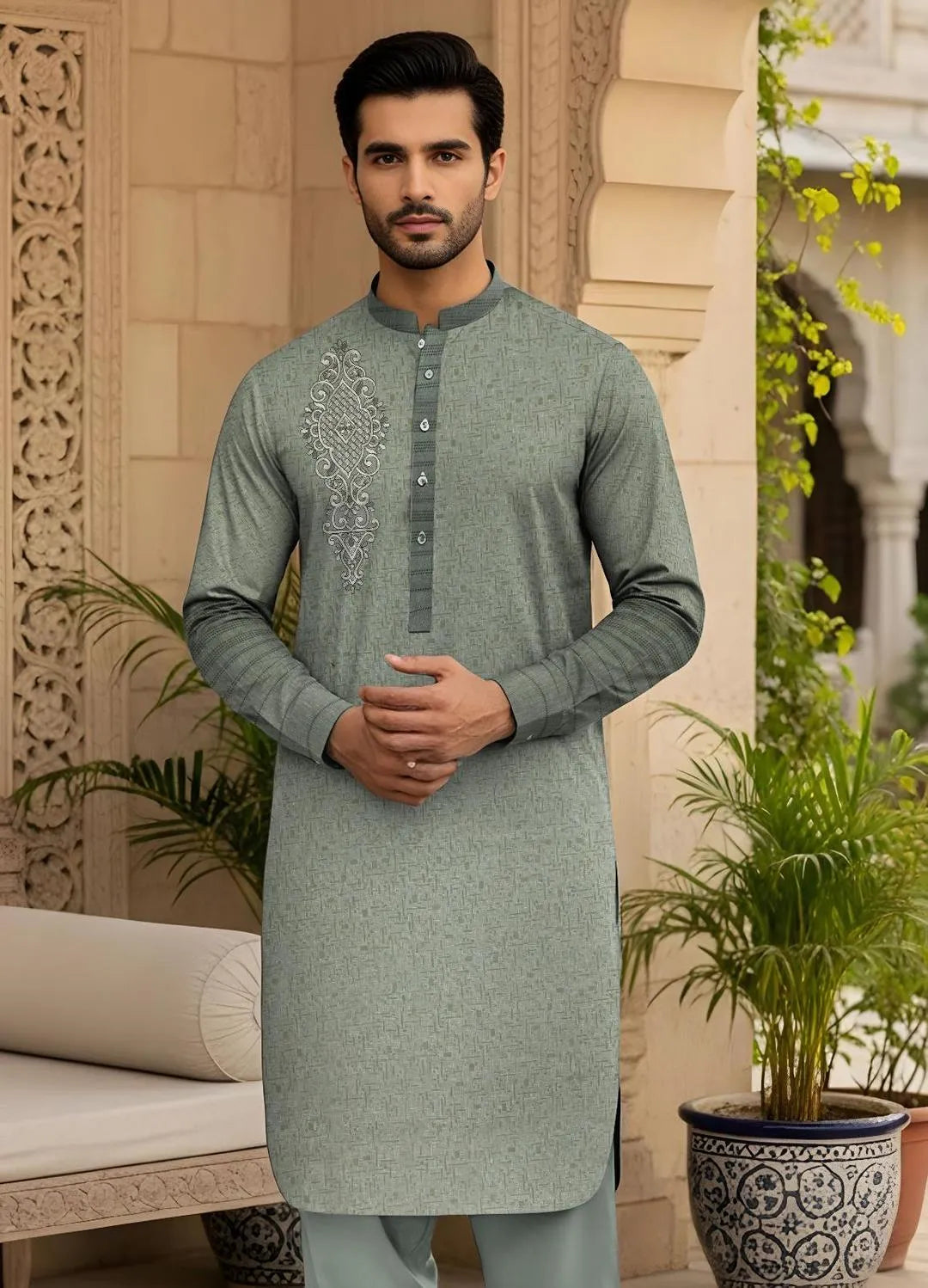 Men's Green Embroidered Cotton Suit for Eid Party Wedding Summer Wear
