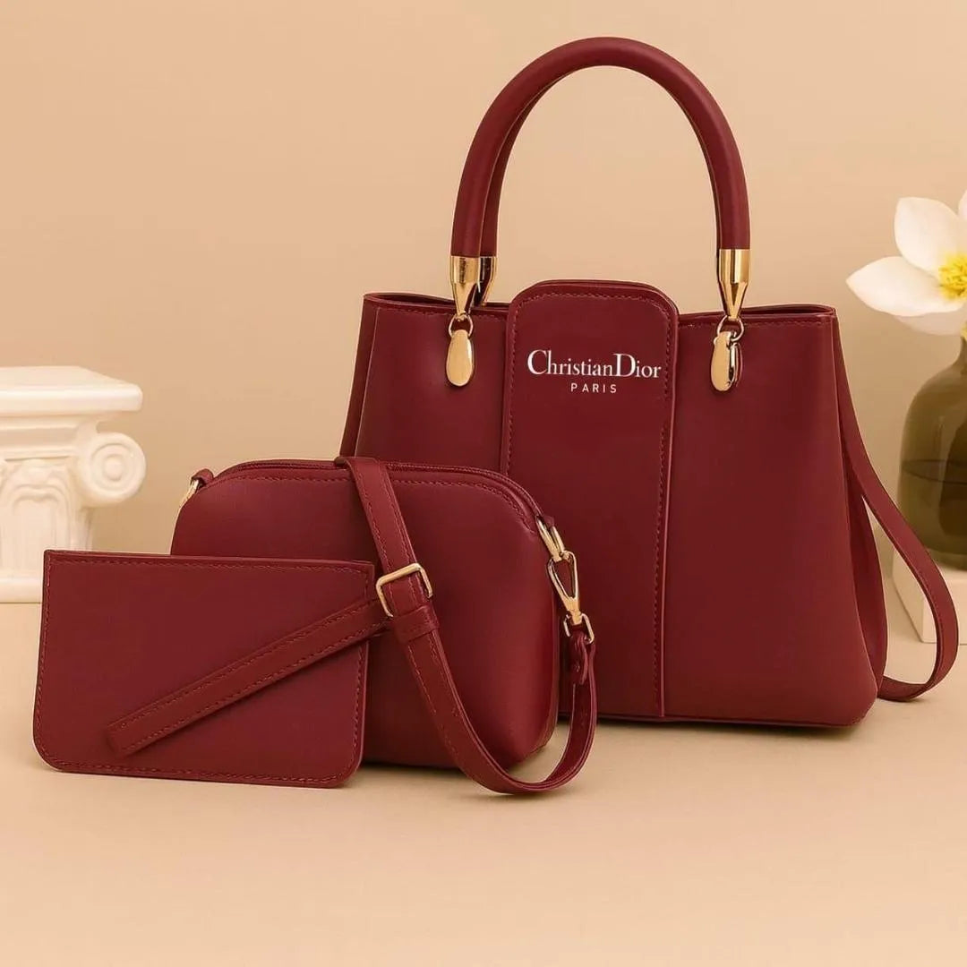 Maroon Leather Women's 3Pcs Hand Bag Set Top Handle
