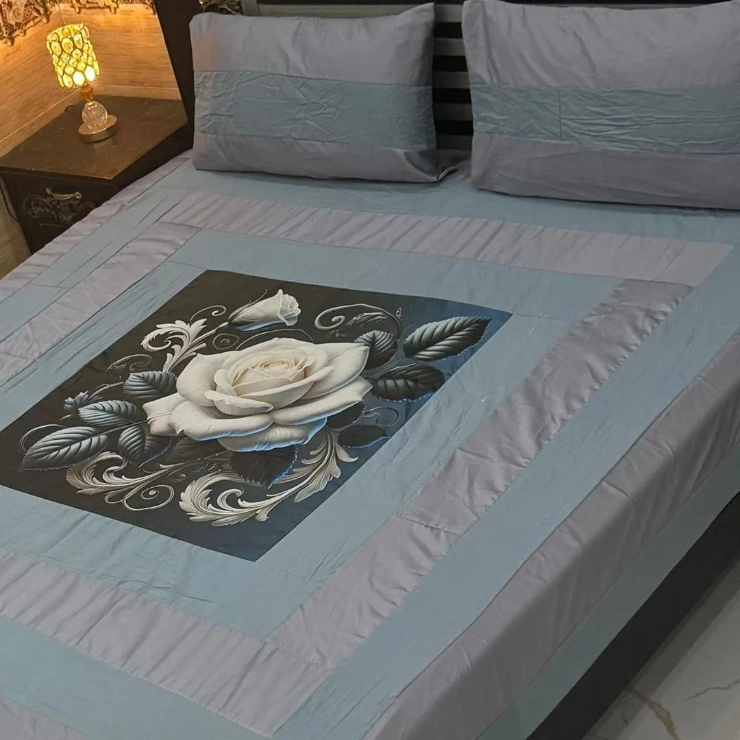 Vibrant 3 Pcs Cotton Sotton Digital Gold Panel Patchwork Double Bedsheet