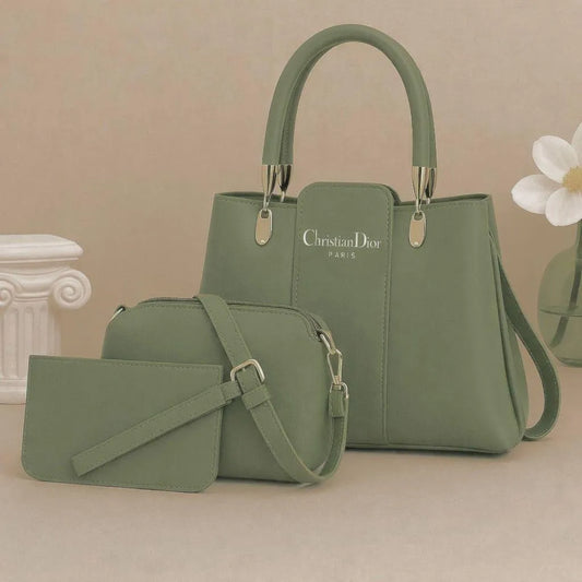 Green Leather Girl's Handbag Set 3pcs Top Handle
