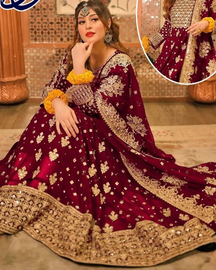 Maroon Chiffon 3Pcs Stitched Party Wear Frock Set