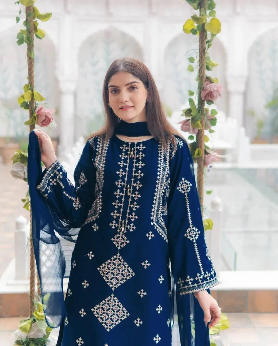 Blue Sequins Embroidered Women's Cotton Suit 3Pcs with Chiffon Dupatta