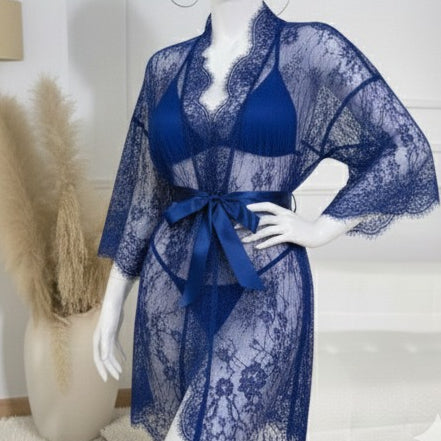 3 Piece Net Gown Set with Bra & Panty | Soft Lace Robe Lingerie | Free Size (fit upto 38 chest) (H)