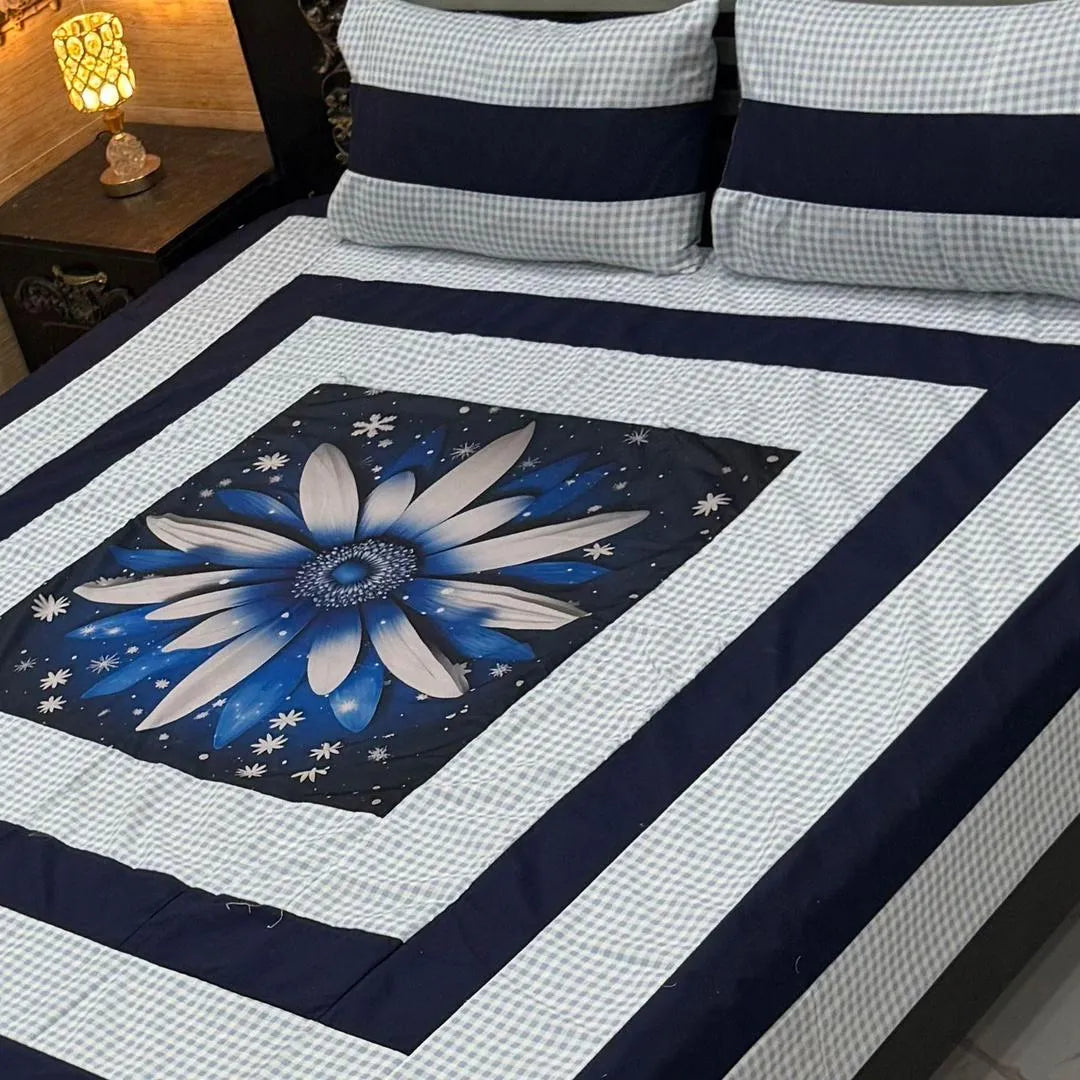 Vibrant 3 Pcs Cotton Sotton Digital Gold Panel Patchwork Double Bedsheet