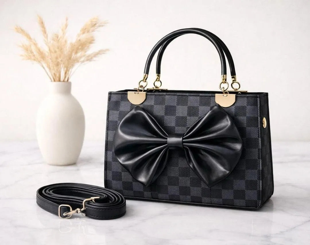 Girls Black Leather Handbag with Bow Top Handle 8x10"