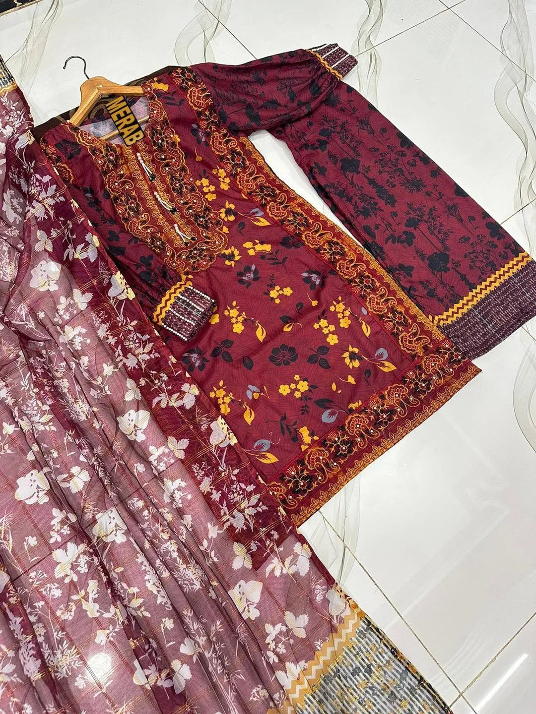 Maroon Printed 3Pcs Lawn Suit with Embroidery