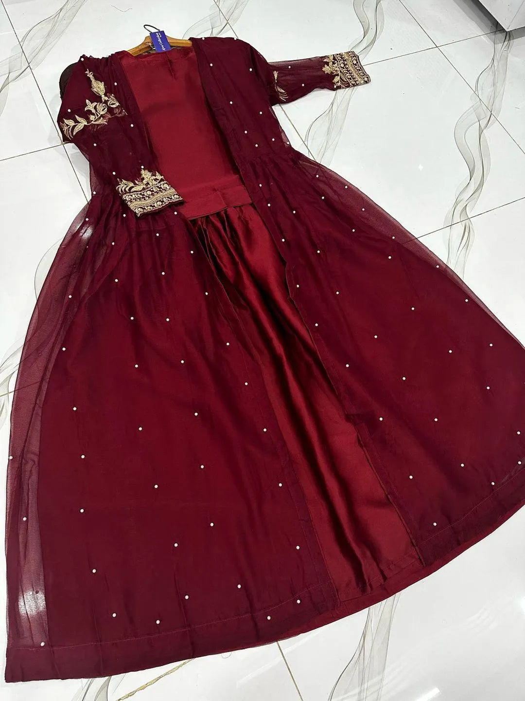 Maroon Shamoz Silk 3Pcs Gown Suit with Embroidery Belt