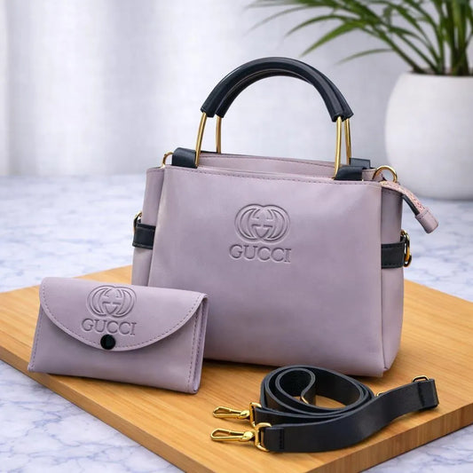 Purple Leather Women's Hand Bag Set with Top Handle and Wallet