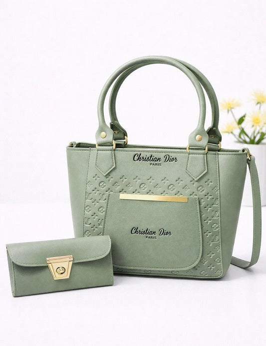 Green Leather Women's Hand Bag Set with Wallet, Top Handle, 2 Pcs