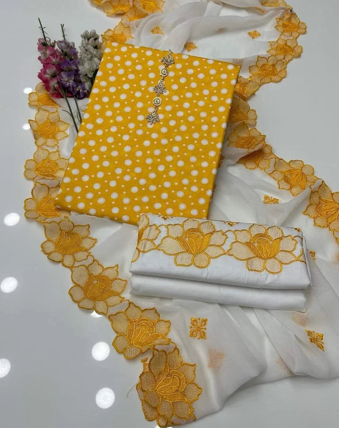 Yellow Printed Kurta Set with White Dupatta