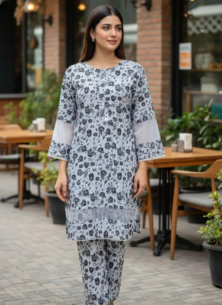 2 Pcs Women Printed Cotton Lawn Shirt & Trouser Multicolor