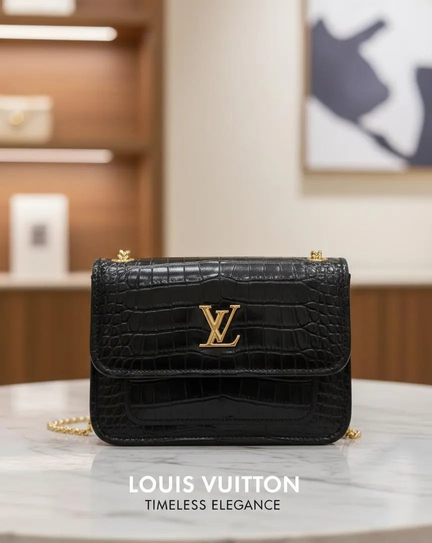 Black Croc Leather Girl's Handbag with Gold LV Logo