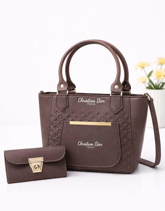 Women's Brown Leather Hand Bag Set with Wallet, Top Handle, 8x10 Inch