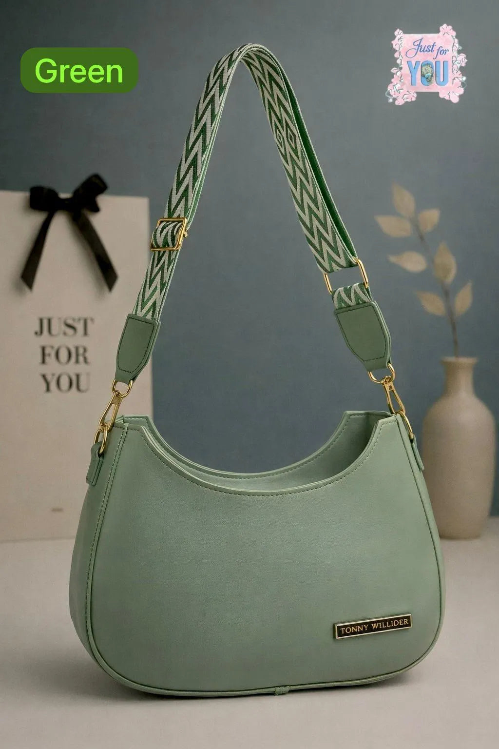 Green Leather Plain Shoulder Bag for Girls