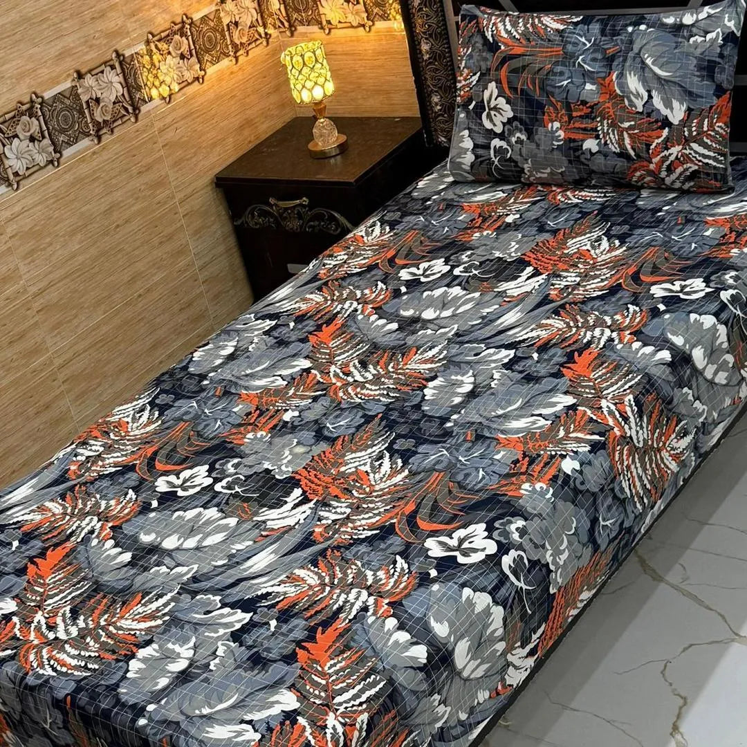 Grey Printed Crystal Cotton Single Bedsheet Set 4 Pcs