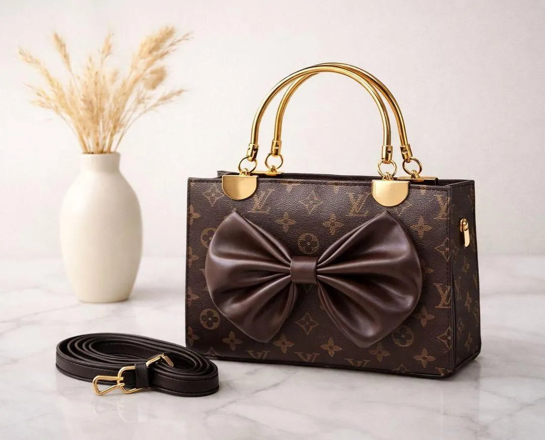 Brown Leather Bow Handbag for Girls with Top Handle