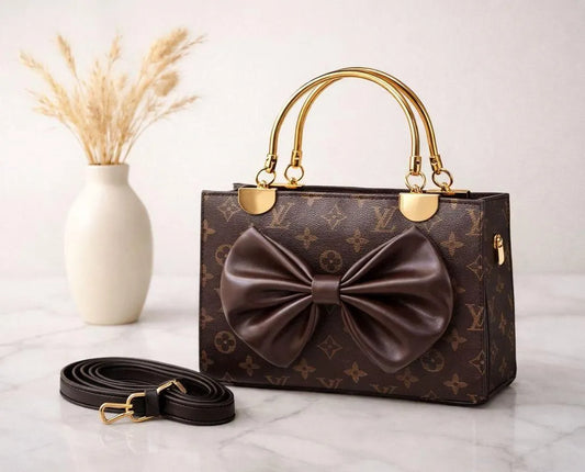 Brown Leather Bow Handbag for Girls with Top Handle