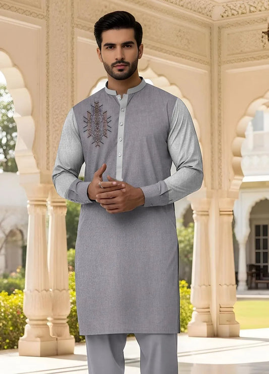 Men's Silver Embroidered Cotton Suit Eid Party Wear Summer