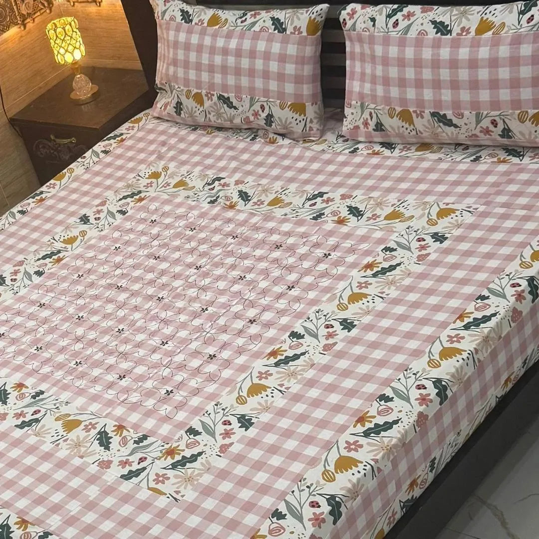 Stylish 3 Pcs Cotton Sotton Embroidered Patchwork Double Bedsheet